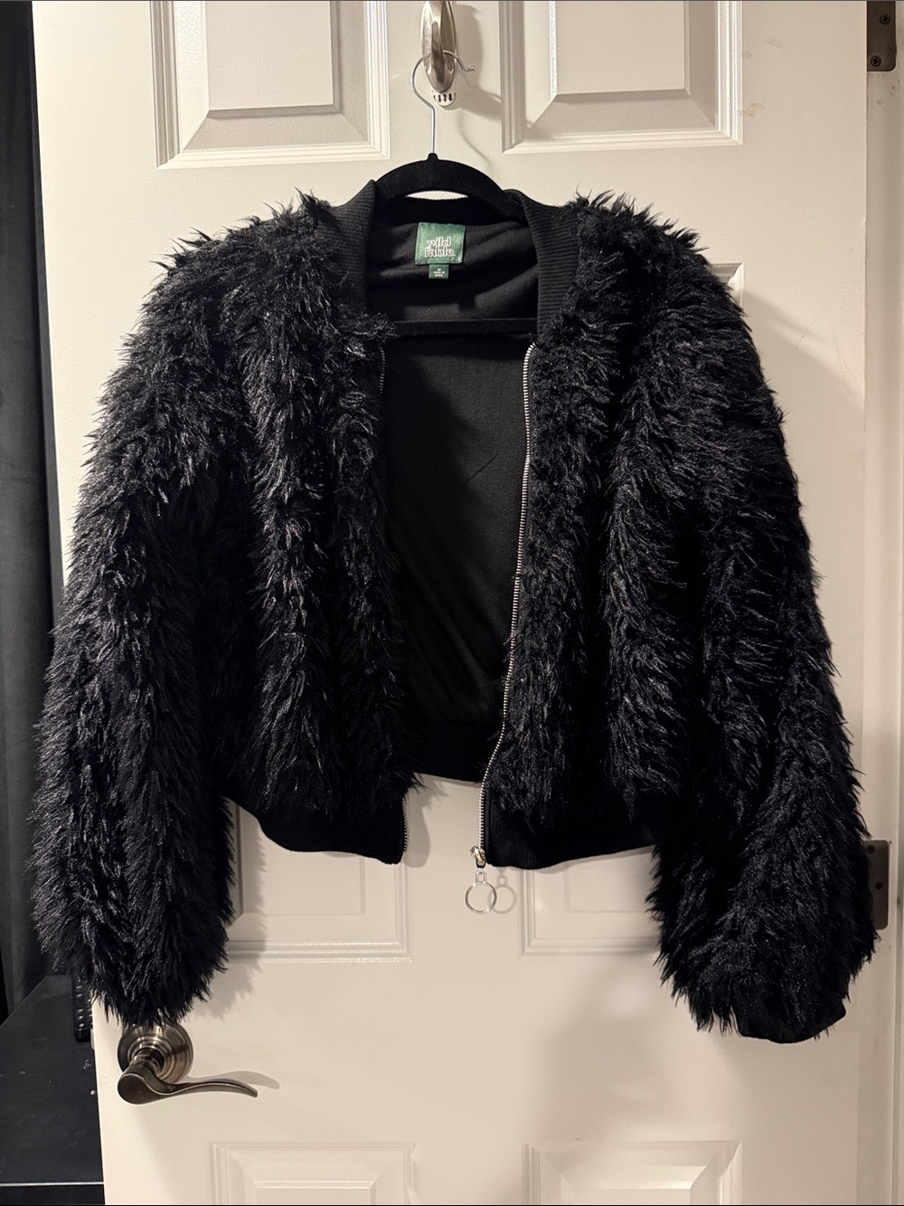 wild fable Black Shaggy Faux-Fur Bomber Jacket